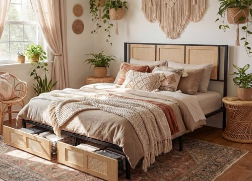 YITAHOME Natural Rattan King Bed Frame with Wooden Headboard and 2 Storage Drawers Underneath, Boho Cane Bed Platform Bed with Metal Slat, Noise Free, No Box Spring Needed,Wood