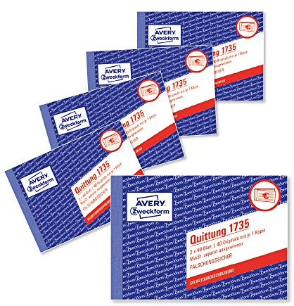 AVERY Zweckform 1735-5 Quittungsblock (A6 quer, 2x40 Blatt, mit Durchschlag, fälschungssicher, separat ausgewiesene MwSt., für Deutschland und Österreich) 5er Pack weiß/gelb