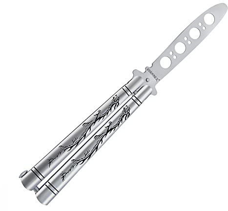 VORNNEX Practice Butterfly knife Trainer with Sure Spring Latch, Full Stainless Steel Black Dull Balisong, Unsharpened Butterfly knives Comb for CSGO Training(Silver)