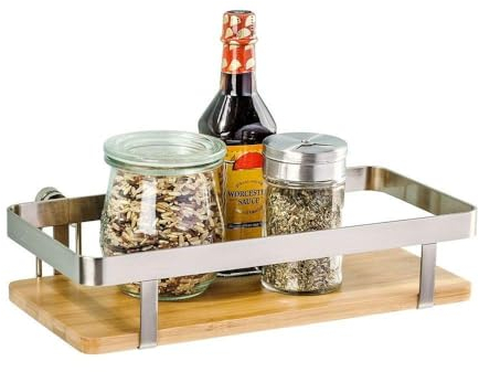 WENKO Universalregal Premium, Küchenregal als Zusatzfläche zum Abstellen von Dosen, Flaschen, Gläsern, etc., aus hochwertigem gebürstetem Flachstahl und Bambus, 25 x 5,5 x 12 cm, Silber/Natur