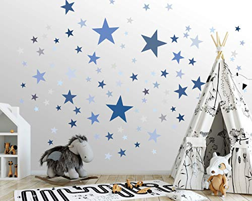 ELES VIDA - 50 Sterne Wandtattoo fürs Kinderzimmer - Wandsticker Set - Pastell Farben, Baby Sternenhimmel zum Kleben Wandaufkleber Sticker Wanddeko - Kleinkinder, Auch Rauhfaser, Blau