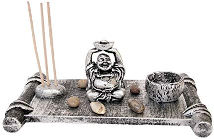 Buddha Dekotisch mit 1 Windlicht und 3 Rauchstäben aus Holz in Silber, 22x13,5x2 cm, Asiatische Deko für Ihr Wohnzimmer