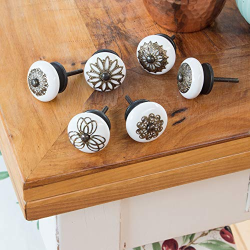 Knober 6 X Möbeknopf | MIXSET Antik Look | Montur aus Edestahl | Möbelknöpfe 40mm Knauf | Türgriff Gewinde metrisch M3 | edel anmutend | Keramik und Edelstahl | filigrane Krone