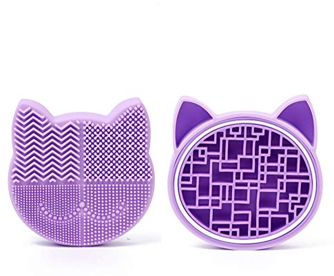 Silicon Makeup Brush Cleaner Mat with Brush Drying Holder Brush Portable Cat Shaped Cosmetic Brush Cleaner Pad cleaning mat manual make up brush cleaner cleanser machine(New Lavender)