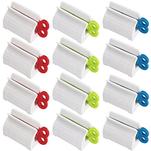 Saijer Exprimidor De Pasta De Dientes,12 Piezas Apretadores De Tubos Clips De Soporte Tubo Extrusor De Tubo Rotación Pasta De Dientes Dispensador para Pasta Dental Cosméticos(Rojo Verde Azul)