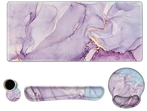 ARTSO Grande tappetino per mouse ergonomico per tastiera poggiapolsi, tappetino da polso in gel memory foam, protezione per tappetino da scrivania, tappetino antiscivolo per scrivania, marmo viola blu