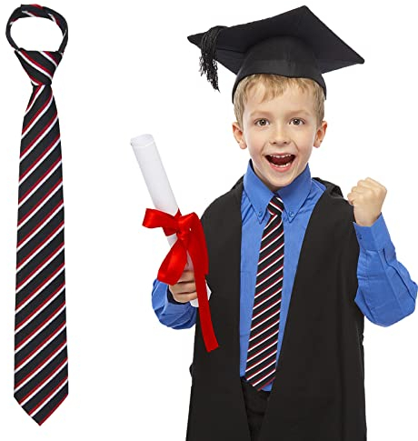 Mantieqingway Kinder-Krawatte für Jungen, verstellbar, Corbatas Para Niños, vorgebundener Reißverschluss, für Schuluniform, 5–12 Jahre, Schwarz Rot Weiß Gestreift, Medium