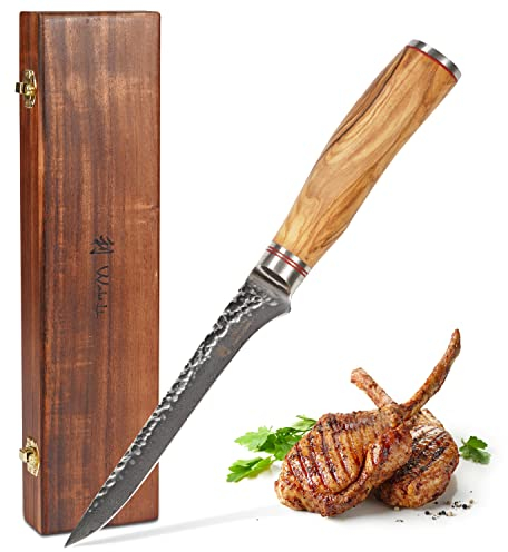 Wakoli Olive HS Damastmesser Ausbeimesser & Filetiermesser I 16 cm Klinge gefertigt aus 67 Lagen edlem Damaststahl mit Olivenholzgriff und Hammerschlag I Premium Küchenmesser in edler Holzbox