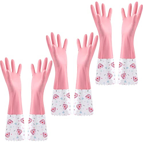 BAMFY Lange Manschette Putzhandschuhe 3 Paare Gummihandschuhe, Haushalt Reinigungshandschuhe rutschfest Haushaltshandschuhe Gartenarbeit, Tierpflege (Color : Pink)