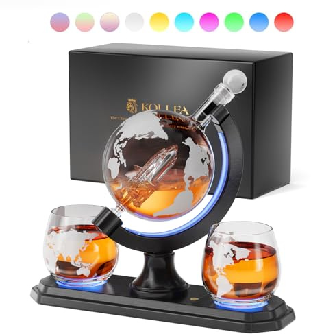 Gift for Men Dad, Kollea 30.4 Oz Whiskey Decanter Set with 2 Glasses, 7 Color RGB Light Globe Decanter, Unique Birthday Him Brother Boyfriend, Personalized Liquor Tequila Bourbon (WG0031)