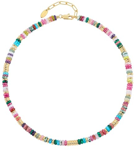 NVWAROCK Beaded Necklace for Women, Colorful Boho Beach Handmade Bead Choker, 14K Gold Plated Stackable Bohemian Multicolor Natural Stone Necklace