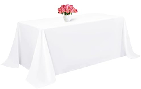 1 Packung weiße Polyester-Tischdecke für 2,4 m große rechteckige Tische, 229 x 335 cm, Polyester-Stoff-Tischdecke, knitterfrei, waschbar, für Hochzeit, Geburtstag, Party Dekoration