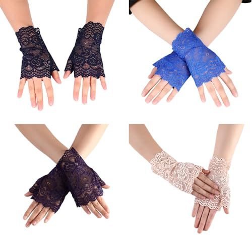 4 Paar Damen Fingerlose Spitzen Handschuhe,Kurze Hochzeitshandschuhe,Kurz Geschnittene Fingerlose Gloves Damen Mädchen,für Bankett,Hochzeit,Tea Party Zubehör,Beige + Lila + Königsblau + Navy blau