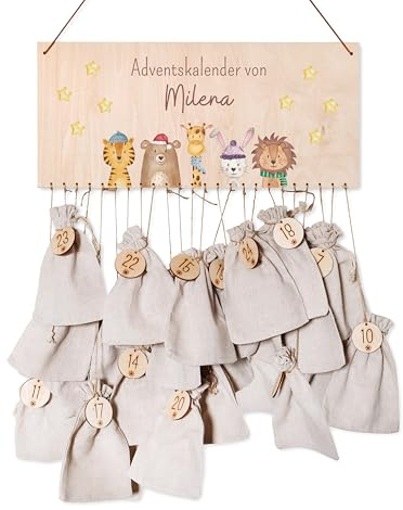 wunderwunsch® - Personalisierter Adventskalender zum selber befüllen - mit kinderfreundlichem Druck auf Holz - mit Juteschnur Jutesäckchen und Holzzahlen