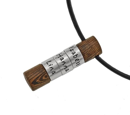 Personalisierbare Herren-Halskette mit 3 gravierbaren Beads – Wählbares Lederband & Kettenlänge – Zylinder-Anhänger aus Holz & Edelstahl, Gravur von Namen, Daten – Maßgeschneidertes Männer-Geschenk