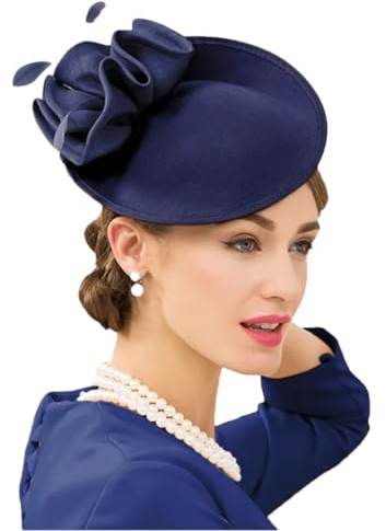 Niiyyjj Damen Fascinator Kirche Wolle Pillbox Hut Filz Fedora Vintage Blume Hochzeit Damen Derby Hut, dunkelblau, Einheitsgröße
