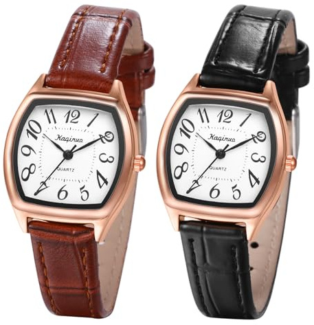 JewelryWe Klockor för kvinnor i läder rektangulär: 2 st vintage utsökt analog kvartsarmbandsur för kvinnor smalt läderarmband klocka damklocka med stora arabiska siffror rektangel urtavla, 2pcs