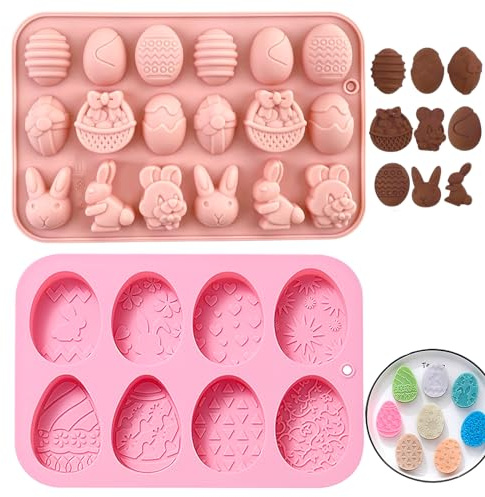 2 Stück Ostern Schokoladenform Set, 18 Kavität Ei, Hase, Kaninchen Kopf, Korb Formen und 8 Kavität Silikonform in Eiform für DIY Schokolade, Süßigkeiten, Gelee