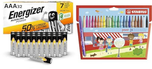 Energizer AAA Batteries, Alkaline Power, Triple A Battery Pack, 32 Pack (Packaging May Vary) & Medium Fibre-Tip Pen - STABILO power - Pack of 24 - Assorted Colours