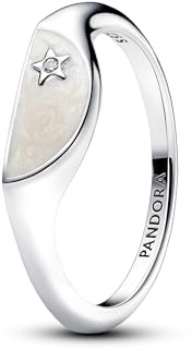 PANDORA ME Anillo de sello dividido de plata de ley con circonita cúbica transparente y esmalte blanco brillante, talla 54
