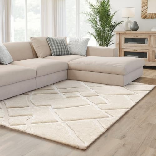 Interiyou Teppich Wohnzimmer Verona - 200x300 cm Creme - Für Schlafzimmer, Esszimmer, Kinderzimmer - Hochflor mit 3D-Effekt - geometrische Muster - Pflegeleicht