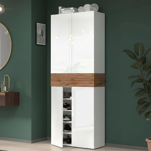Dmora - Étagère à Chaussures Moris, étagère à Chaussures Peu encombrante à 5 Portes, Armoire d'entrée multifonctionnelle, 76x38h200 cm, Blanc et chêne