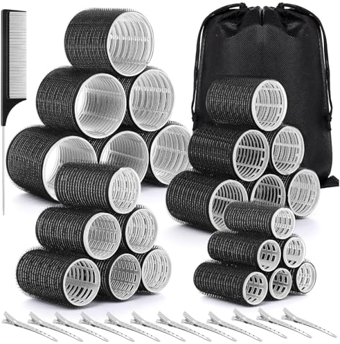 GROFIS Set di 38 Bigodini Autoadesivi, 4 Misure (60mm/48mm/36mm/25mm) Hair Rollers con 12 Clips in Acciaio Inox 1 Pettini 1 Borsa Portaoggetti, Bigodini Non Riscaldati per Capelli Lunghi Medi e Corti