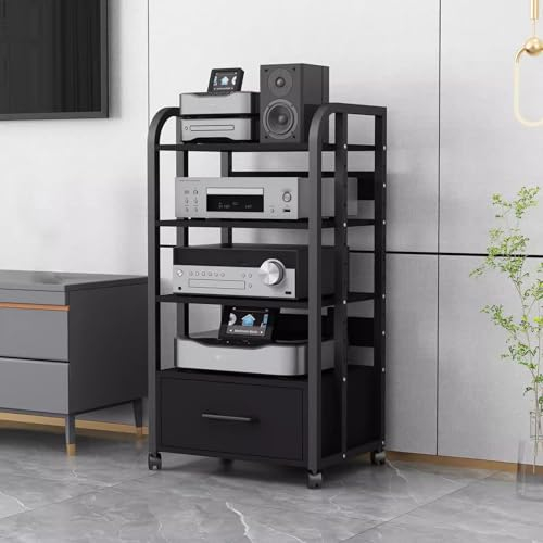audio rack hifi regal Schwarzer Plattenspieler-Stereoschrank – 4 Ebenen, große Medienkonsole mit verstellbarer Ablage und 360°-Universalrädern – robuster Rack-Audioturm für Akustik, Plattenspieler