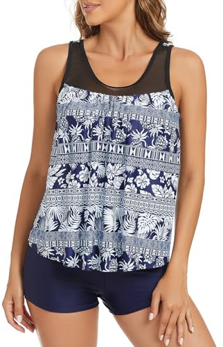 Adigaber Costume da Bagno a Due Pezzi Mesh Donna Tankini Set Removable Reggiseno Stampa Floreale Donna Beachwear Swimwear