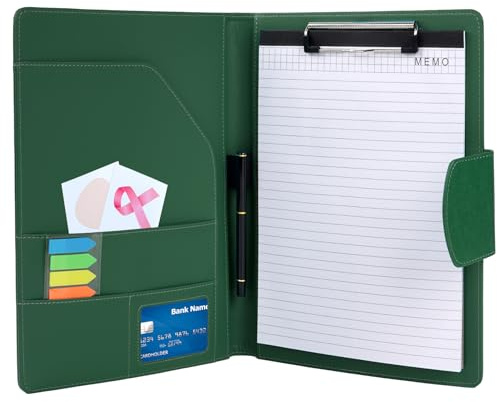 Agoer Carpeta A4 portapapeles de piel, DIN A4, con cierre magnético, portapapeles con bloc de notas A4 y bolígrafo, Verde