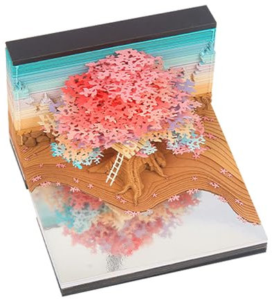 3D-Notizblock mit Licht, 3D-Notizblock-Kalender, Innovatives Kirschbaumhaus-Design, 3D-Papierschnitzkunst-Notizblock, Abreißfunktion, Einzigartige Dekoration für Büro und Lesezimmer zu Hause