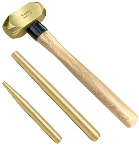 WEDO Marteau en laiton de 0,9 kg avec poignée en bois et 2 poinçons en aluminium bronze, forgé sous pression, résistant à la corrosion, norme DIN