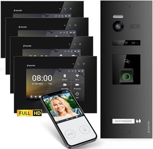 Balter EVO-HD Video Türsprechanlage mit Fingerprint, Video Türklingel, Smartphone App,1 Familienhaus, 4X 7 Zoll Monitore, Türklingel mit Kamera Full HD, 2 Draht Bus, 175° Weitwinkel, RFID,1080P