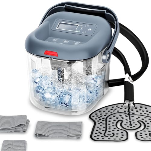 Ice Man Maschine für Knie nach Operationen, ausgestattet mit Gelenk-Universalpolster, einstellbare Zeit und Durchflussmenge. Überwacht die Wassertemperatur, hat Isolierung, aber keine Kühlfunktion
