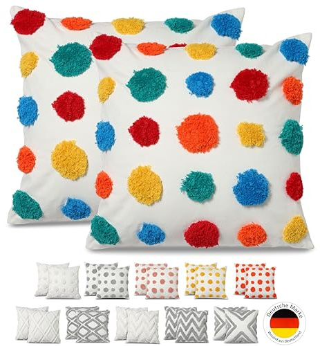 Emilie-Textil Boho Zierkissenbezug aus 100% Baumwolle, Deko Kissenbezug, Kissenhülle verschiedenen Mustern (Bunte Punkte, 45X45)