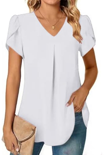 SHEKINI Chemisier Femme Chic et Élégant à Col en V Blouse Femme Été Manches Courtes Tunique Longue Mousseline Haut Top Décontracté Couleur Unie Coupe Ample