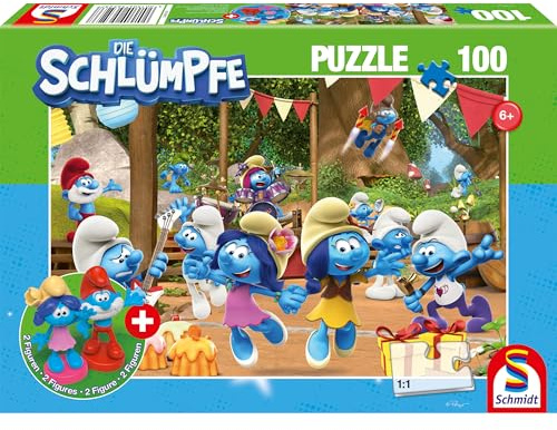 Schmidt Spiele 56523 Smurfarna, kläckta fest, 100 bitar barnpussel, inklusive 2 figurer
