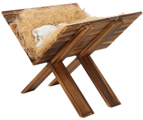 Beeveer Jumbo Large Jesus in Wooden Manger Religious Christmas Decorations Manger 31.5 Inch Nativity Scene Nativity Cradle Backdrop Accessory for Indoor Outdoor Home Decor