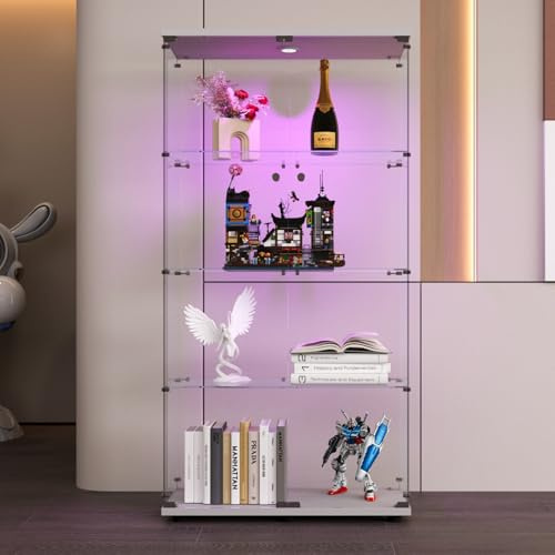 LED Glasvitrine Sammlervitrine Glasvitrine Sammlervitrine Glasvitrine mit Schloss und 2 Türen, 4 Etagen Standvitrine für Sammlerstücke, Bücher, Modellbau (Weiß)