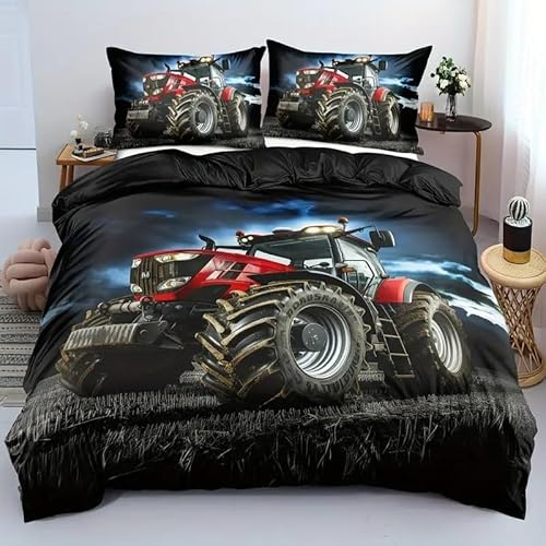 ZZTBQ Traktoren Bettwäsche 155x220 3teilig Traktor Kinderbettwäsche 1 Bettbezug 155x220 cm + 2 Kissenbezüge 80X80 cm, Trecker Fahrzeuge Landmaschinen Bettwäsche-Sets Polyester Mikrofaser