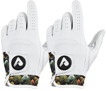 ASTUR Lot de 2 gants de golf en cuir Cabretta pour homme main gauche - Design unique au poignet - Imprimé (golf naturel, taille M)