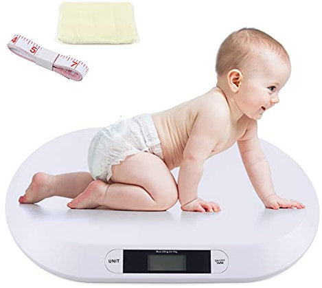 Babywaage Digitale, Waage für Neugeborene und Babys Max. 20 Kg Personenwaage mit LCD-Display und Tara-Funktion Elektronische Babywaage Inkl. Handtuch & Lineal, Weiß
