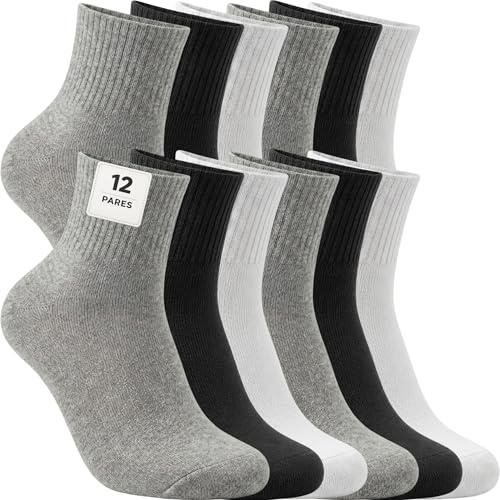 PS PROUTHS 12 Pares Calcetines Deporte Hombre Mujer – Pack Calcetines Caña Media Unisex para Running, Gimnasio, Tenis, Trabajo, Uso Diario – 85 % Algodón Transpirables, Cómodos y Suaves.
