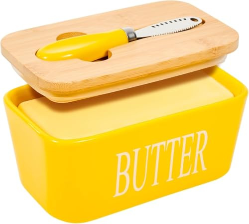 Large Butter Dish,Ceramic Butter Dish with lid and Knife,Quality Silicone Sealing Butter Dishes is Good for Kitchen Baking and Gift,Yellow