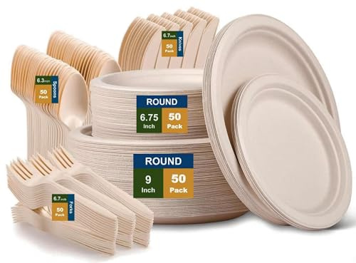 EcoHousing 250Pcs Nature Disposable Plate Sets for Camping, Party or Dinner, Plant-Based Dinner Sets, Biodegradable, Compostable, Eco-Friendly, Microwave Safe, Serve for 50 People