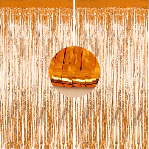 LIANRISES 2 Stück Lametta Vorhänge Orange, 1 x 2m Glitzer Folien- Fransenvorhänge für Disco Geburtstag Karneval Halloween Theme Party Dekoration, Wand, Tür Innen und Außen Foto Kabine Backdrop Props