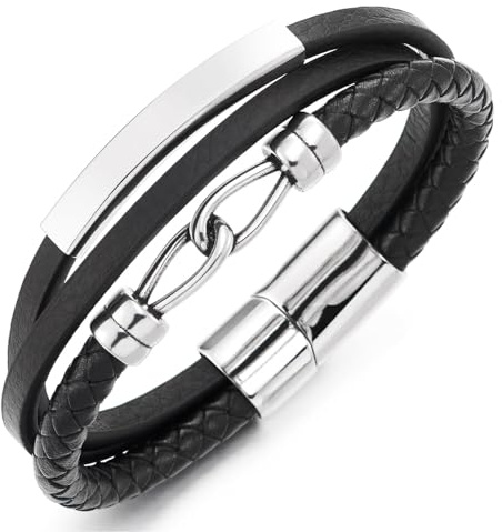 COOLSTEELANDBEYOND Herrarmband svart läder med krok och stålplatta tresträngad fläta nautisk design