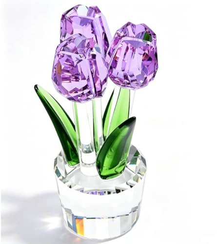 JUUDDENPARTS Crystal Three Purple Tulips Figurine, Crystal Bouquet Ornaments for Girlfriend Wife, Ideal for Valentine's Day, Mother's Day, Birthdays