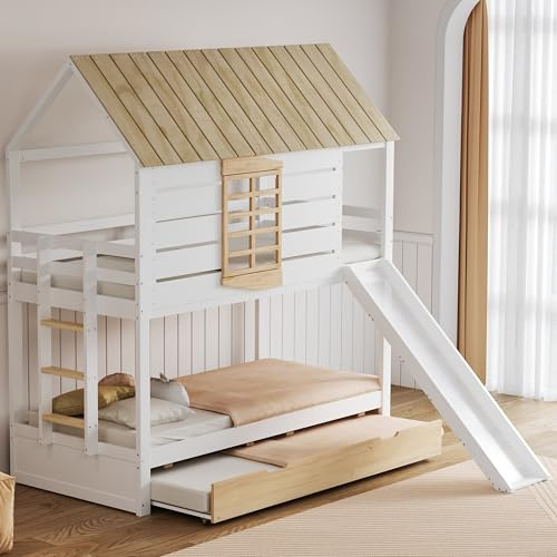 Letto a soppalco basso con scivolo, letto a soppalco, 90 x 200 cm, letto singolo con letto estraibile, scala e protezione dalle cadute, senza materasso (bianco+naturale)