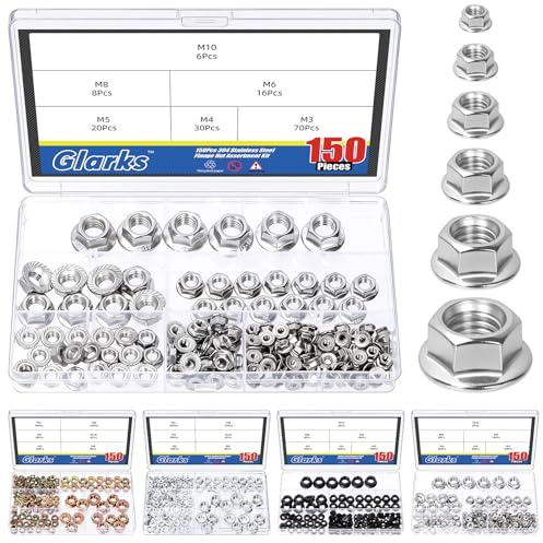 Glarks rostfritt stål hextänder fläns-mutter-kit, ljus finish hex-lanskmuttrar, sexkantiga muttrar för gör-det-själv-hemmekanism (150 st M3/M4/M5/M6/M8/M10 rostfritt stål)